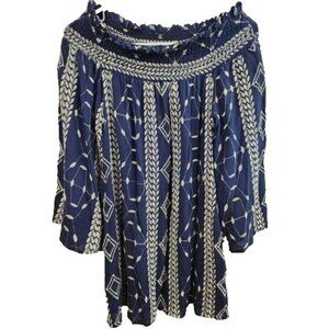Vine & Love Womens BOHO Tunic Top Large Navy Embroidered Off Shoulder Festival